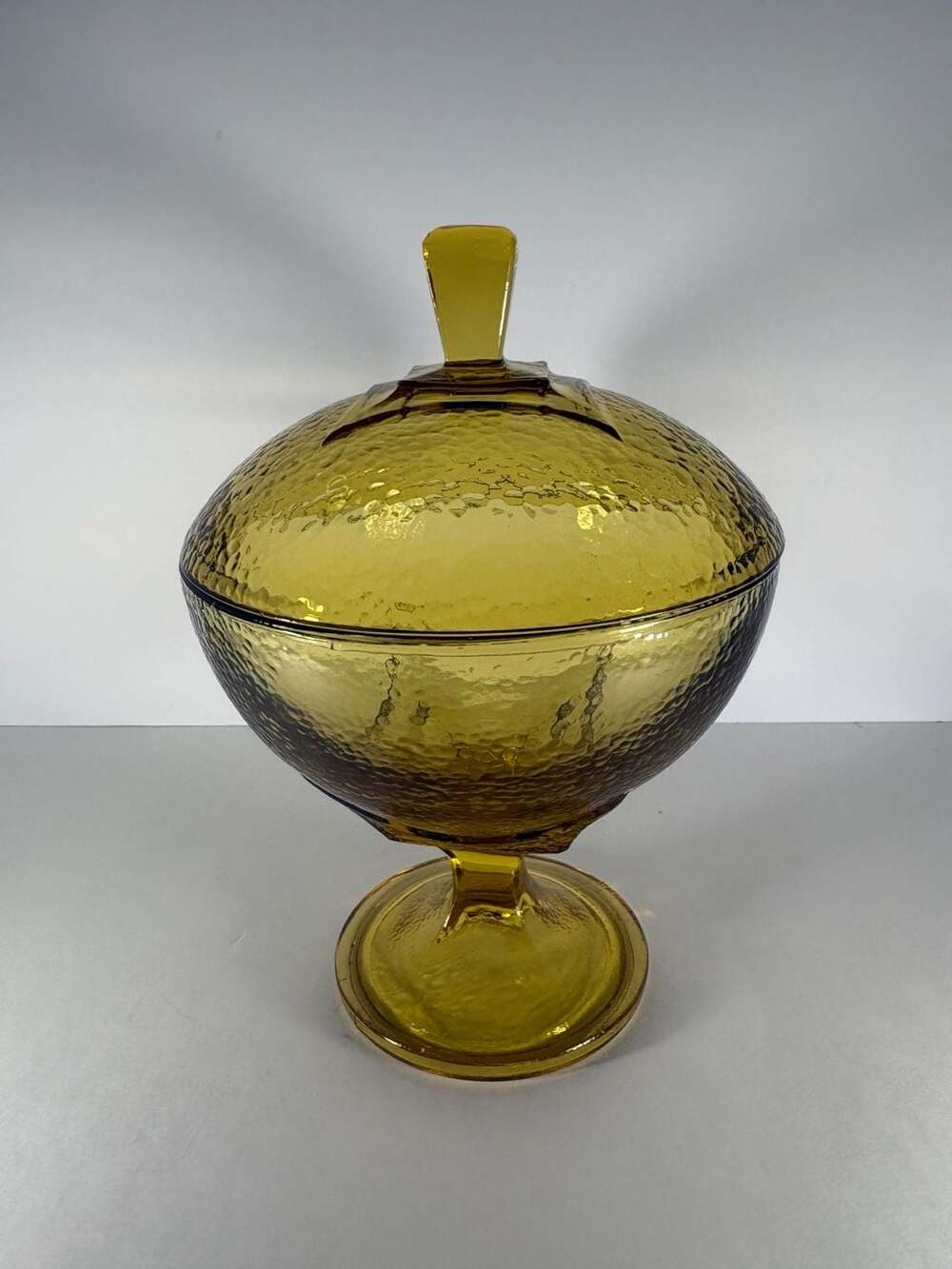 Vintage Hazel Atlas Golden Amber Pebbletone Candy Dish Pedestal Bowl with Lid
